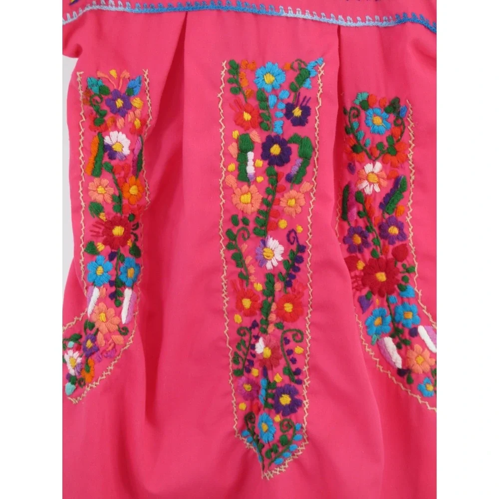 OAXACA Dress Girls 6/7 Pink Floral Embroidery Traditional Mexican Folk Puebla